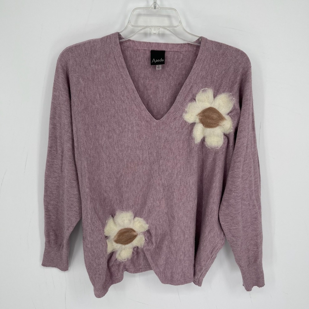 Aaeda Women's Mauve 3D Felted Floral V-Neck Cottagecore Boho Sweater Top Size L